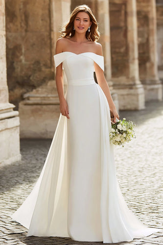 Simple Ivory Sheath Off the Shoulder Maxi Wedding Dress