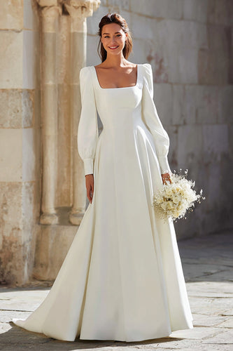 Ivory A-Line Square Neck Sweep Train Wedding Dress with Sleeves