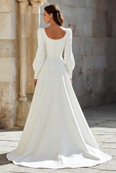 Ivory A-Line Square Neck Sweep Train Wedding Dress with Sleeves