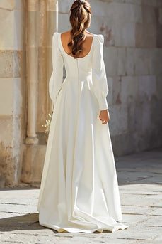 Ivory A-Line Square Neck Sweep Train Wedding Dress with Sleeves