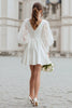 Load image into Gallery viewer, Ivory V-Neck Satin A Line Short Wedding Dress with Lace