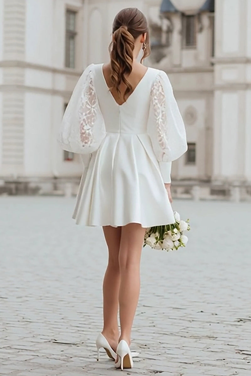 Load image into Gallery viewer, Ivory V-Neck Satin A Line Short Wedding Dress with Lace