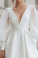Load image into Gallery viewer, Ivory V-Neck Satin A Line Short Wedding Dress with Lace