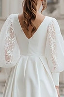 Load image into Gallery viewer, Ivory V-Neck Satin A Line Short Wedding Dress with Lace