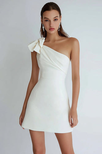 Women Ivory Short Bachelorette Party Dress with Bow Satin One Shoulder A Line Mini White Dress UK