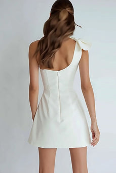 Ivory Satin A Line One Shoulder Short Bachelorette Party Dress with Bow