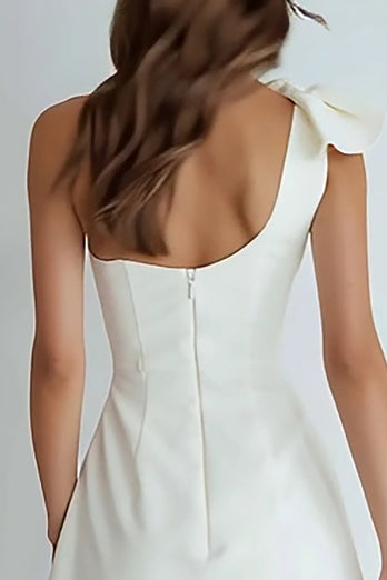 Ivory Satin A Line One Shoulder Short Bachelorette Party Dress with Bow