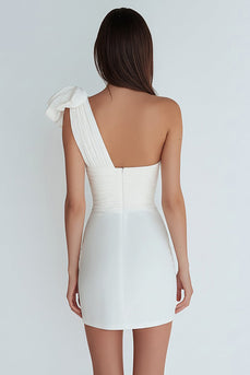 Ivory Satin One Shoulder Ruched Short Tight Bachelorette Party Dress with Bow