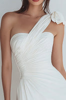 Load image into Gallery viewer, Ivory Satin One Shoulder Ruched Short Tight Bachelorette Party Dress with Bow