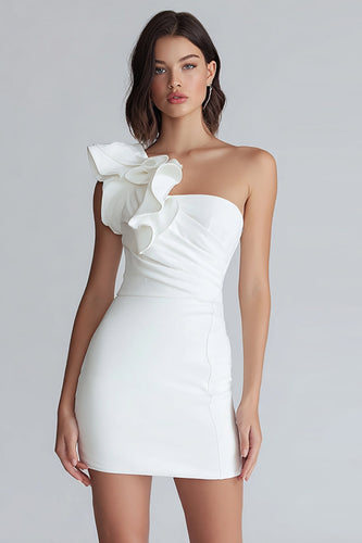 Women Ivory Satin Short Tight Bachelorette Party Dress Ruffled One Shoulder Mini White Hen Party Dress UK