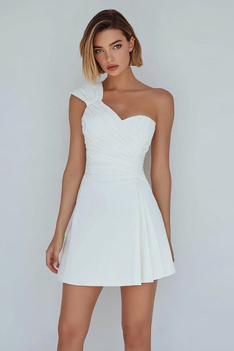 Ivory Satin One Shoulder Short Ruched A-Line Bachelorette Party Dress