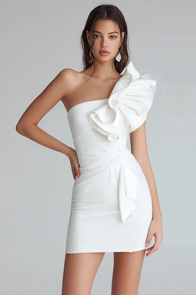 Ivory Satin One Shoulder Tight Short Bachelorette Party Dress with Ruffles