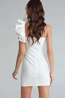 Ivory Satin One Shoulder Tight Short Bachelorette Party Dress with Ruffles