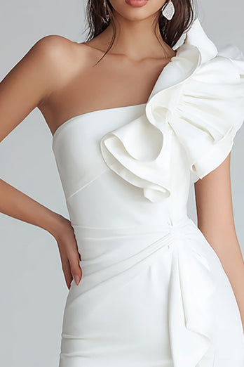 Ivory Satin One Shoulder Tight Short Bachelorette Party Dress with Ruffles