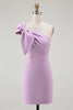 Load image into Gallery viewer, Women Lilac Satin Birthday Party Dress with Bow One Shoulder Mini Cocktail Dress
