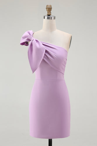 Women Lilac Satin Birthday Party Dress with Bow One Shoulder Mini Cocktail Dress