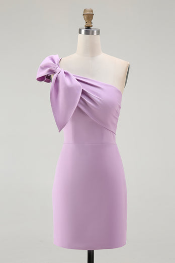 Women Lilac Satin Birthday Party Dress with Bow One Shoulder Mini Cocktail Dress