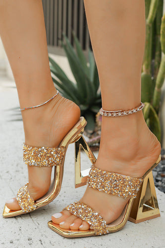 Sparkly Double Strap Golden Chunky Heel Sandals