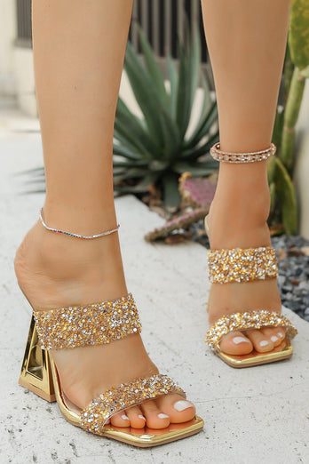 Sparkly Double Strap Golden Chunky Heel Sandals