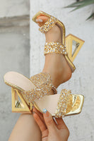 Load image into Gallery viewer, Sparkly Double Strap Golden Chunky Heel Sandals