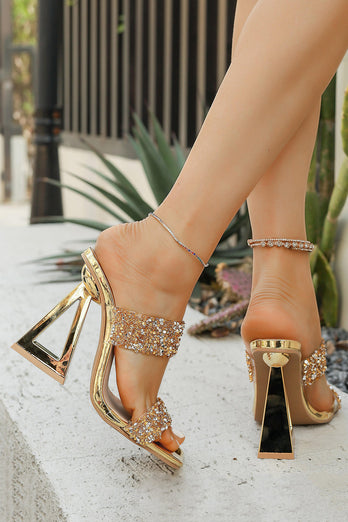Sparkly Double Strap Golden Chunky Heel Sandals