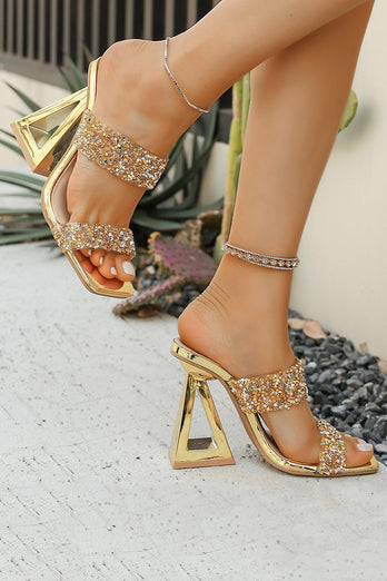Sparkly Double Strap Golden Chunky Heel Sandals
