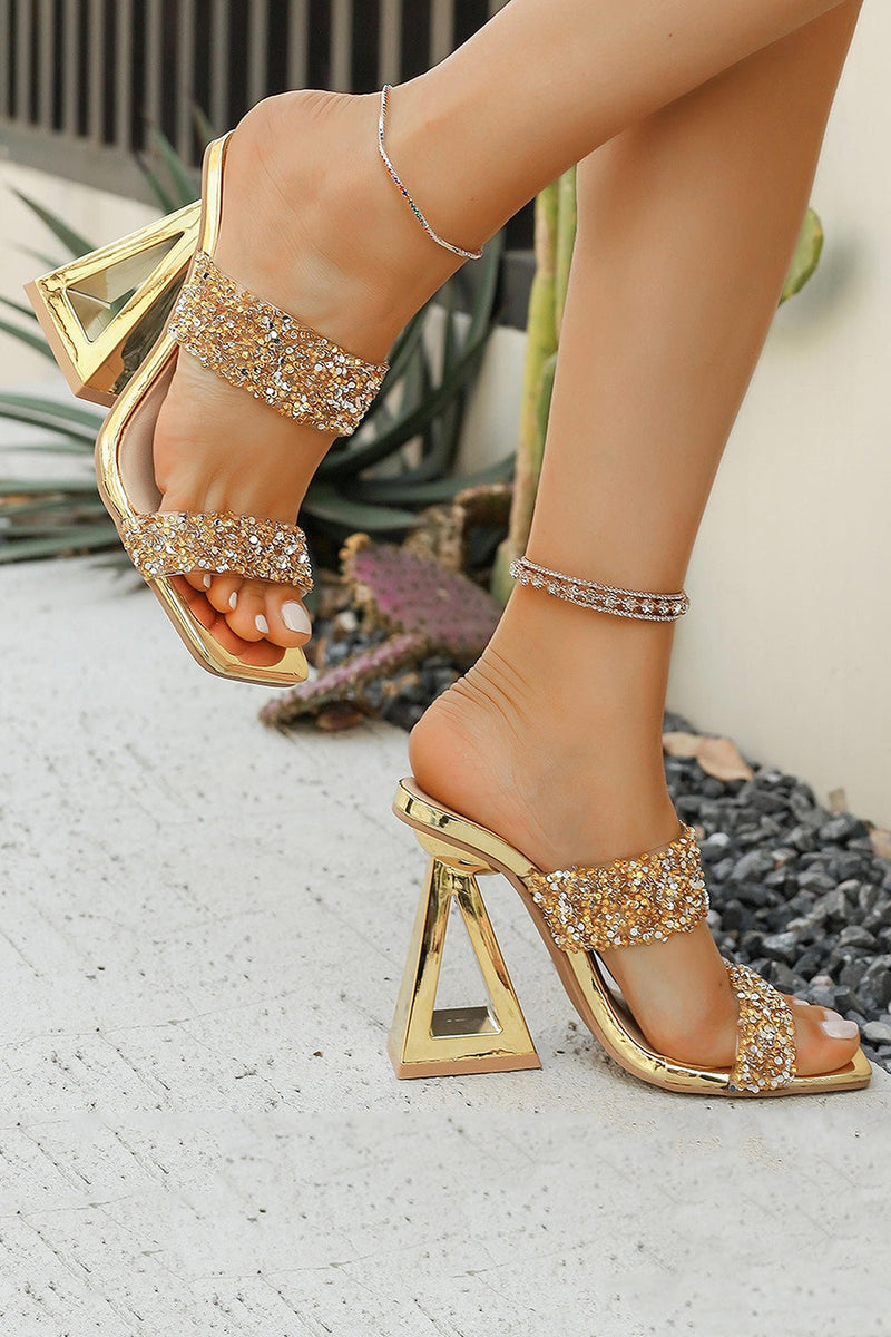 Load image into Gallery viewer, Sparkly Double Strap Golden Chunky Heel Sandals
