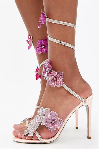 Glitter Beaded Flowers Pink Wrap Up Gladiator Strappy High Heeled Sandals
