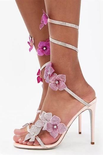 Glitter Beaded Flowers Pink Wrap Up Gladiator Strappy High Heeled Sandals