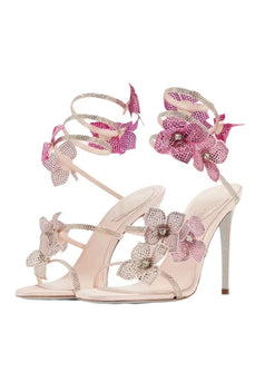 Glitter Beaded Flowers Pink Wrap Up Gladiator Strappy High Heeled Sandals