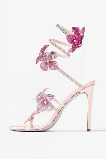 Glitter Beaded Flowers Pink Wrap Up Gladiator Strappy High Heeled Sandals