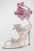Load image into Gallery viewer, Glitter Beaded Flowers Pink Wrap Up Gladiator Strappy High Heeled Sandals