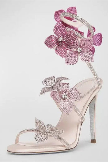 Glitter Beaded Flowers Pink Wrap Up Gladiator Strappy High Heeled Sandals