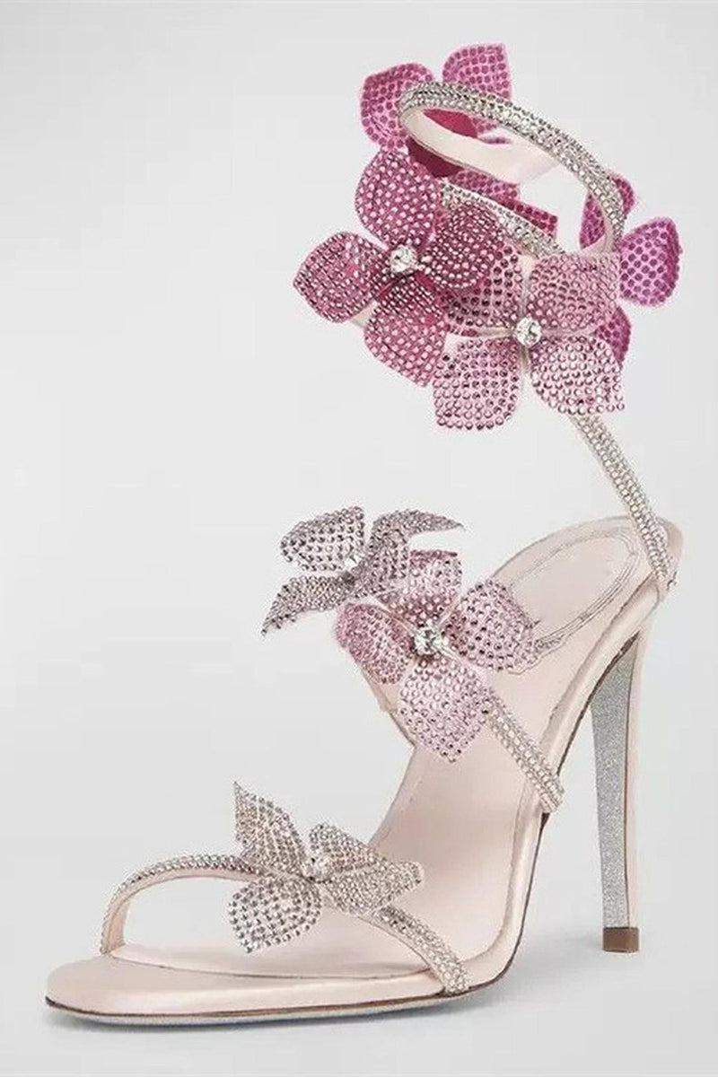 Load image into Gallery viewer, Glitter Beaded Flowers Pink Wrap Up Gladiator Strappy High Heeled Sandals