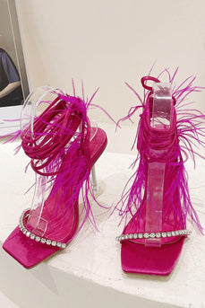 Fuchsia Strappy High Heel Gladiator Stiletto Sandals with Feather