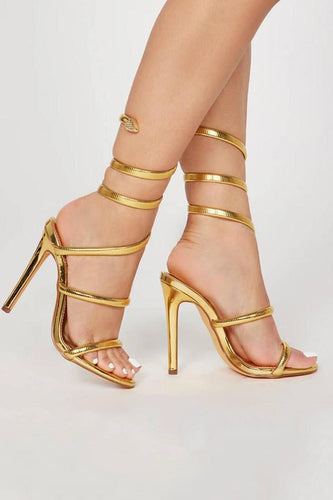 Sparkly Golden Wrap Up Gladiator Strappy High Heeled Sandals for Party