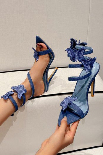 Blue Wrap Up Gladiator Stiletto Strappy High Heel Sandals with Butterfly