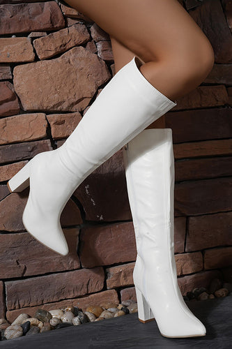 White Go Go Knee High Chunky Heel Pointed Toe Boots