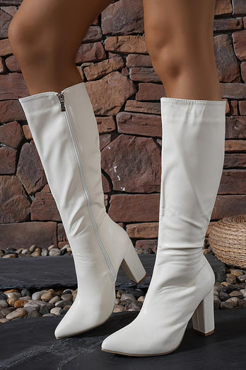 White Go Go Knee High Chunky Heel Pointed Toe Boots