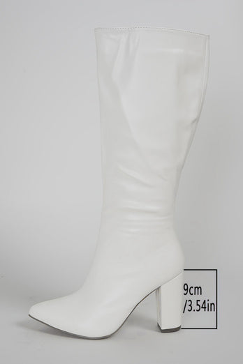 White Go Go Knee High Chunky Heel Pointed Toe Boots