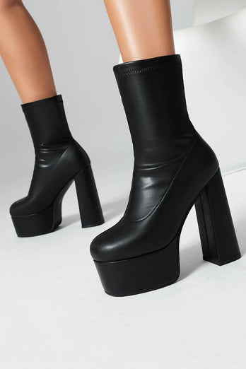 White Go Go Chunky Platform Heeled Ankle Round Toe Boots