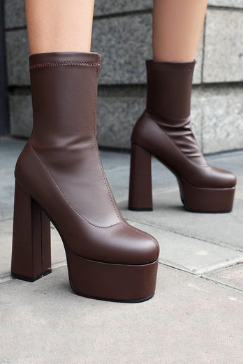 White Go Go Chunky Platform Heeled Ankle Round Toe Boots