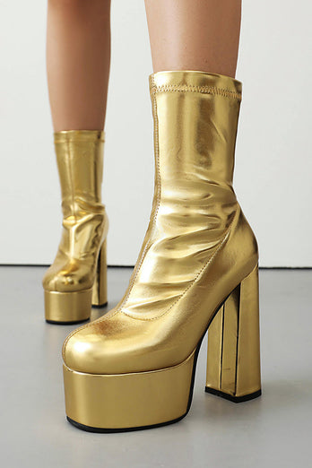 White Go Go Chunky Platform Heeled Ankle Round Toe Boots