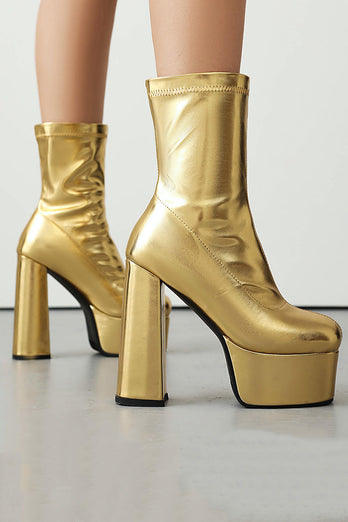 White Go Go Chunky Platform Heeled Ankle Round Toe Boots