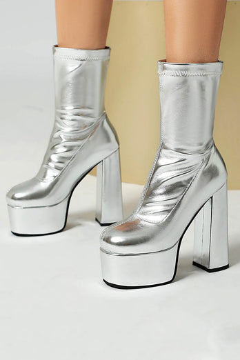 White Go Go Chunky Platform Heeled Ankle Round Toe Boots