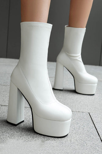 White Go Go Chunky Platform Heeled Ankle Round Toe Boots