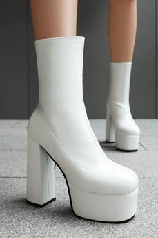 White Go Go Chunky Platform Heeled Ankle Round Toe Boots