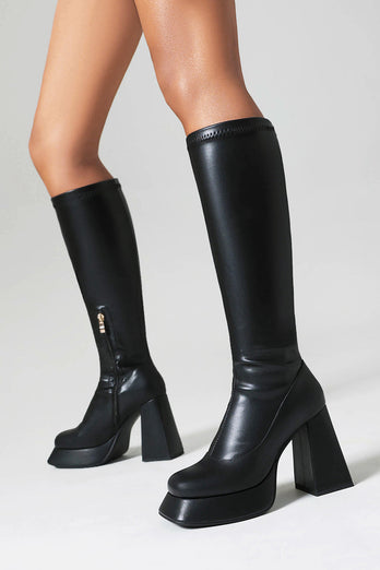 White Go Go Square Toe Knee High Chunky Platform Heel Boots
