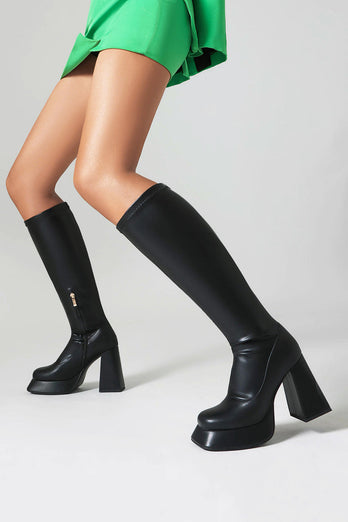 White Go Go Square Toe Knee High Chunky Platform Heel Boots