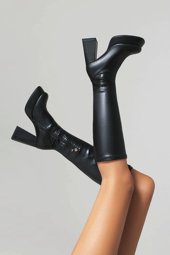 White Go Go Square Toe Knee High Chunky Platform Heel Boots